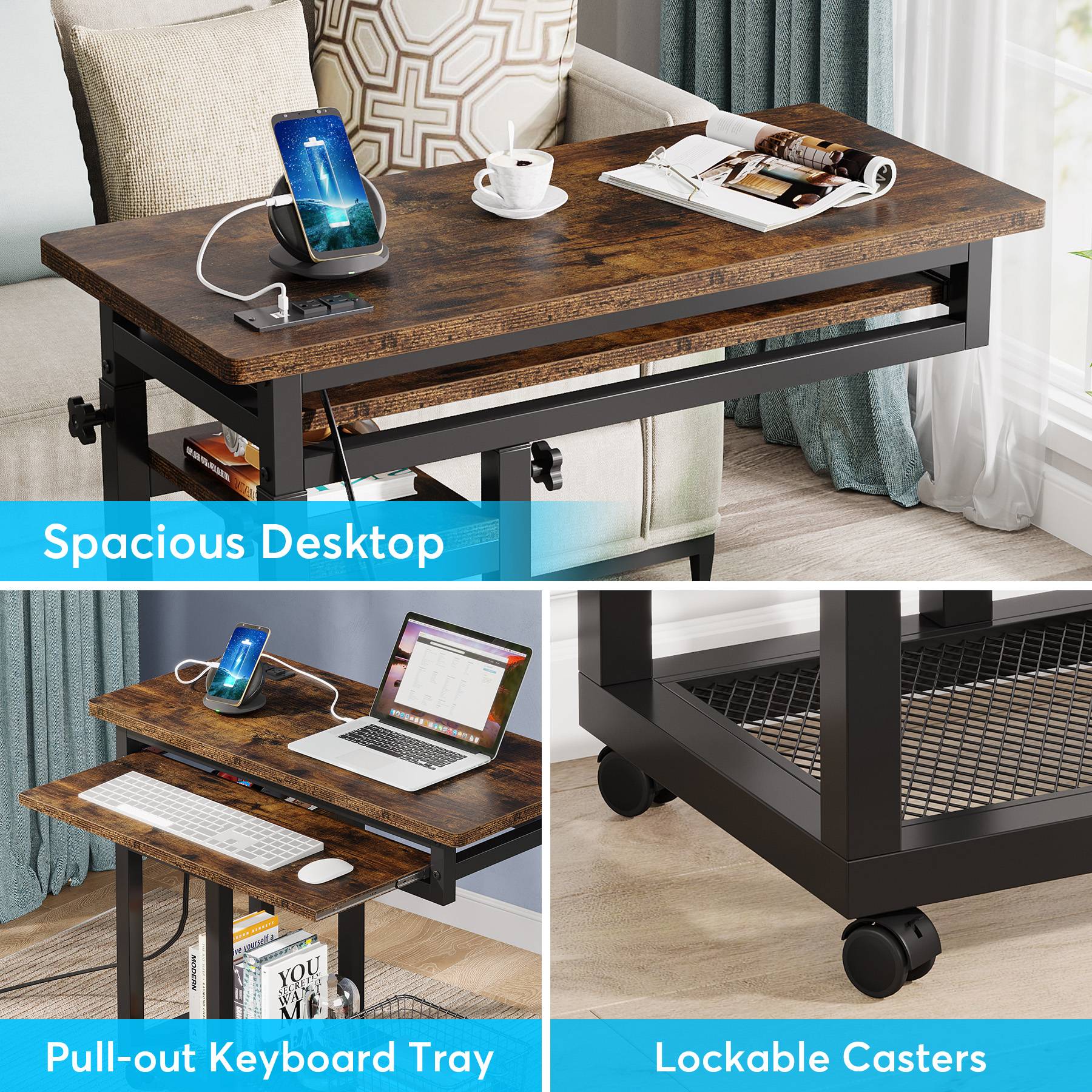 C Table, Mobile Portable Desk Side Table with Power Outlet Tribesigns
